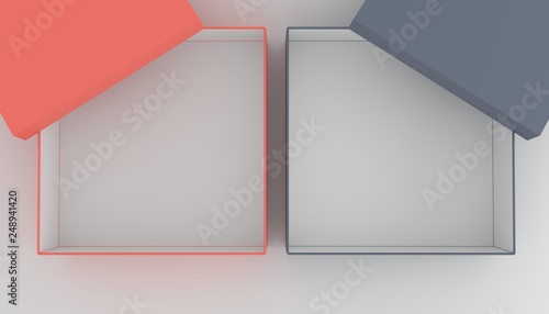 Two open empty boxes of different colors. Top view. 3D render