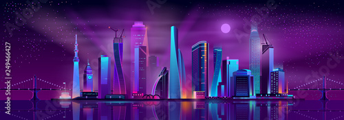 Growing metropolis, city development neon colors, cartoon vector concept. Night cityscape with futuristic urban architecture and cranes on new skyscrapers construction illustration. Urban background
