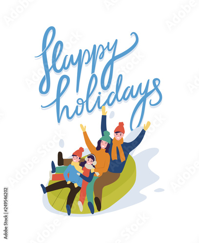 Family going snow tubing isolated on white. Sitting father and mother with children on rubber ring with rising up hands. Happy holidays card vector © robu_s