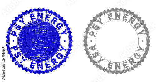 Grunge PSY ENERGY stamp seals isolated on a white background. Rosette seals with grunge texture in blue and gray colors. Vector rubber stamp imitation of PSY ENERGY caption inside round rosette. © imagecatalog