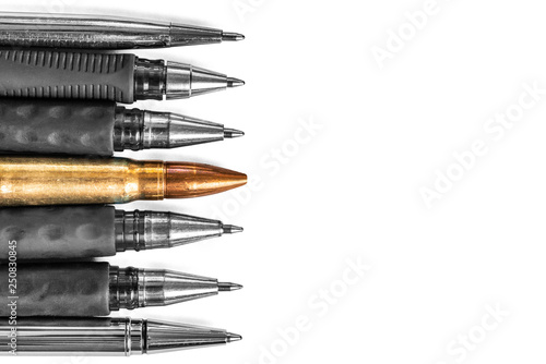 Bullet and pens on white background. Freedom of the press is at risk concept. World press freedom day concept