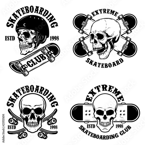 Set of skateboarding club emblems with skulls. Design element for poster, logo, sign, label, t shirt. © liubov
