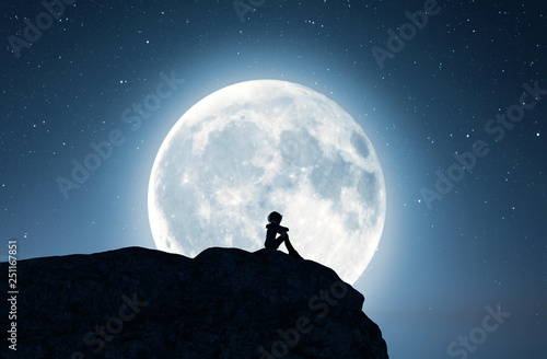 Lonely girl sitting alone on the cliff and looking to the moon,3d rendering