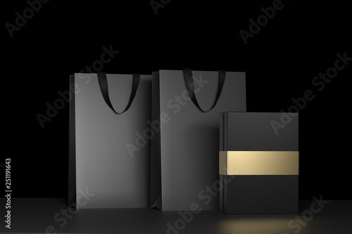 Black paper shopping bag with handles and luxury black box Mock Up. Premium black package for purchases mockup on a black background. 3d rendering.