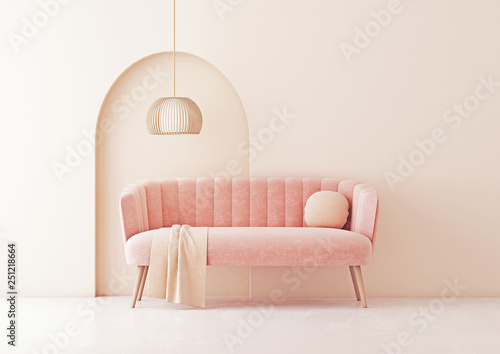 Living room interior wall mock up with pastel coral pink sofa, round pillow, plaid, pendant lamp and arch on empty beige wall background. 3D rendering. © marina_dikh