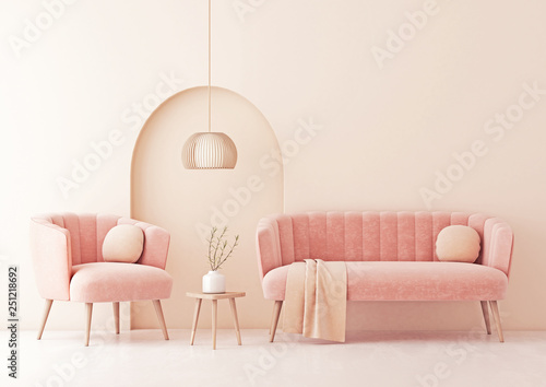 Living room interior wall mock up with pastel coral pink sofa and armchair, round pillows, plaid, pendant lamp and decorative arch on beige wall background. 3D rendering. © marina_dikh
