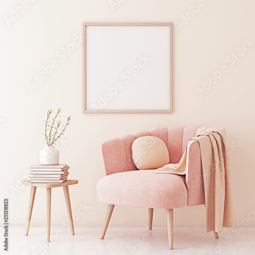 Poster mock up with square frame on empty beige wall in living room interior with pastel coral pink armchair and plant on table. 3D rendering. © marina_dikh