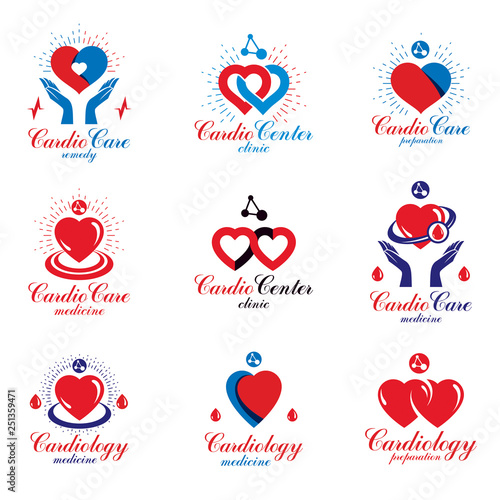 Heart shapes composed using pulsating electrocardiograms and futuristic mesh connections. Cardio center graphic vector logotypes collection for use in pharmacy. © Sylverarts