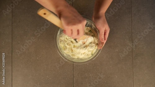 Overhead, mixing bowl of mashed potatoes © Bad-Adz Videos