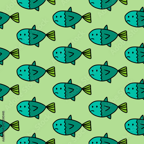 Sad fish hand drawn seamless pattern in green colors