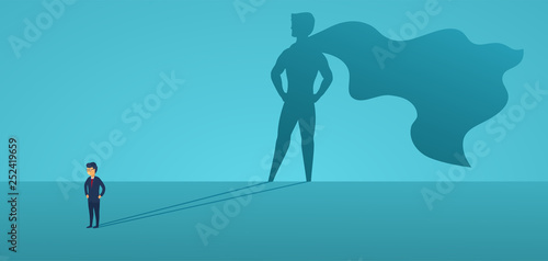 Business man with big shadow superhero. Super manager leader in business. Concept of success, quality of leadership, trust, emancipation. Vector illustration flat style.