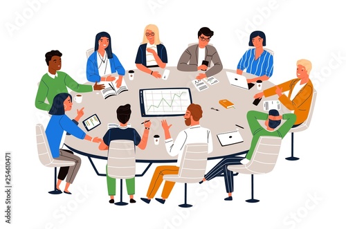Office workers sitting at round table and discussing ideas, exchanging information. Work meeting, business negotiation, conference, group discussion. Cartoon vector illustration in flat style. © Good Studio