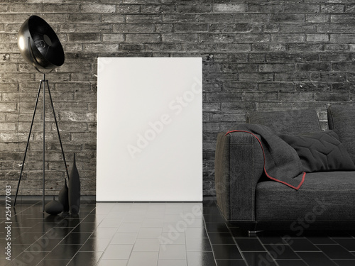 Mock up poster, dark interior concept, brick wall background, 3d render, 3d illustration © nikolarakic