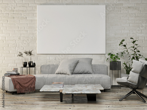Mock up poster, Living room with white brick background, flower decoration, 3d render, 3d illustration © nikolarakic