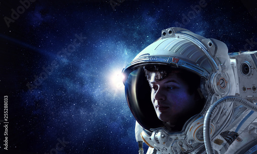 Astronaut pioneer doing research. Mixed media