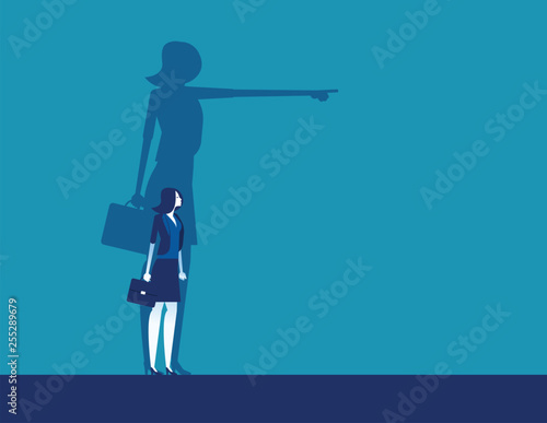 Businesswoman and shadow pointing to target. Concept business vector illustration, Achievement, Direction.