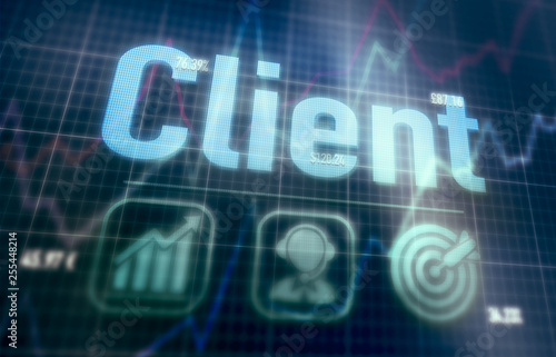 Client concept on a blue dot matrix computer display.