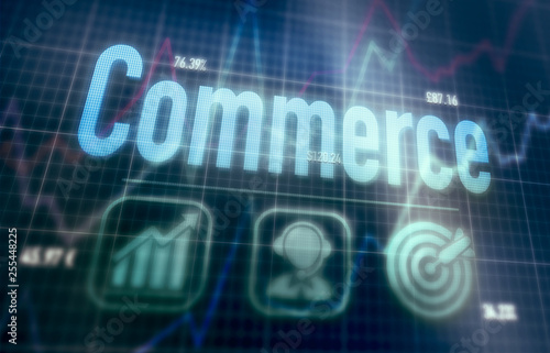 Commerce concept on a blue dot matrix computer display.