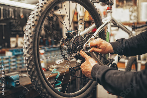 Bicycle mechanic in a workshop in the repair process. © hedgehog94