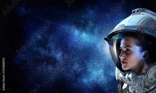 Astronaut pioneer doing research. Mixed media