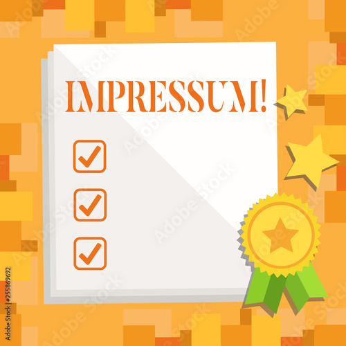 Writing note showing Impressum. Business concept for Impressed Engraved Imprint Geranalysis statement ownership authorship White Sheet of Parchment Paper with Ribbon Seal Stamp Label