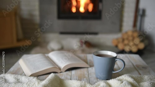 Hygge concept with open book and cup of tea near burning fireplace © ivan kmit