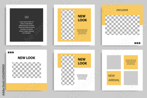 Editable square abstract geometric banner template for social media post. Black and yellow frame in the white background. Minimal design background vector illustration