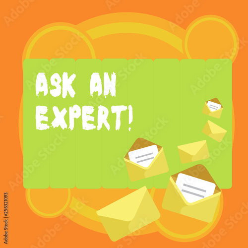 Word writing text Ask An Expert. Business photo showcasing confirmation that have read understand and agree with guidelines Closed and Open Envelopes with Letter Tucked In on Top of Color Stationery