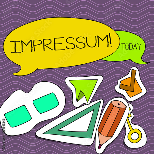 Word writing text Impressum. Business photo showcasing Impressed Engraved Imprint Geranalysis statement ownership authorship Two Blank Colorful Speech Balloon and Different Labels Sticker Style Icons
