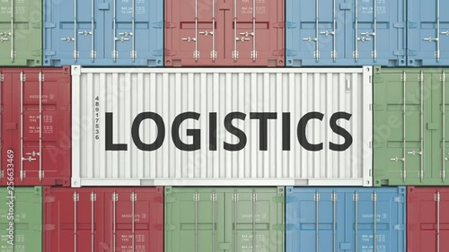 Container with LOGISTICS text within many other containers. 3D animation © Alexey Novikov