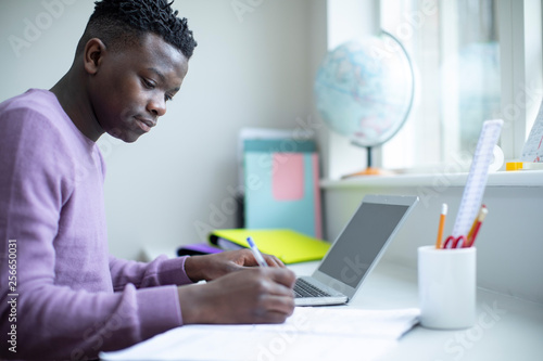Teenage Boy Sitting At Desk Doing Homework Assignment On Laptop © Daisy Daisy