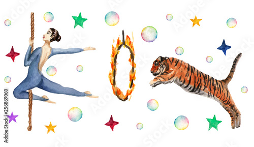 Circus horizontal pattern, soap bubbles, stars, tiger, fire ring, acrobat. Watercolor illustration on white