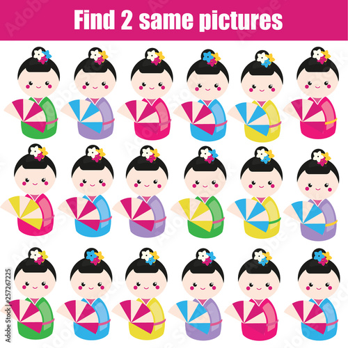 Find the same pictures. Find two identical dolls. Children educational game. fun for kids and toddlers. © ksuklein
