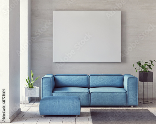 Mock up poster, Minimalism living room with comfortable sofa, 3d render, 3d illustration © nikolarakic
