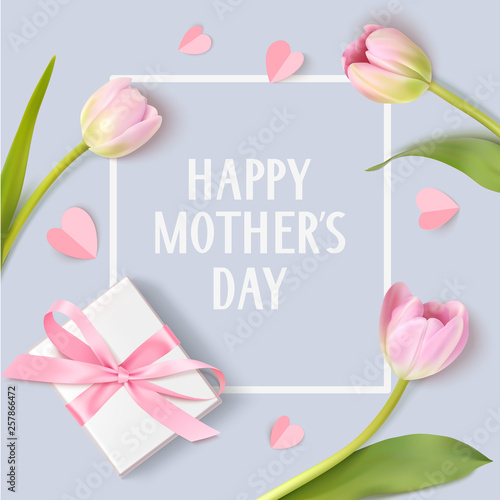 Happy Mothers Day. Spring holiday design template with pink tulip white gift box and paper hearts on blue background. © Gizele