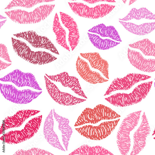 Lipstick kisses of different mouth shapes vector seamless pattern. Feminine girlish theme, makeup concept, cute flirting themes. Pink, red and violet tints for romantic, lovely mood.