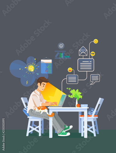 Young Man Working Remotely at home Using Laptop and Network Vector Illustration © Victoria