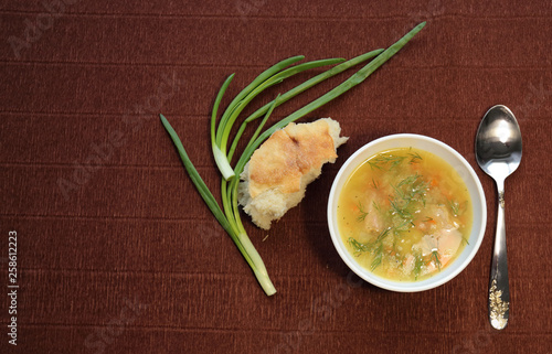 delicious, fresh pea soup with dill and green onions. for lovers of homemade food, pea soup.