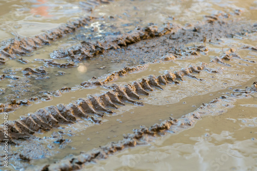 Traces from car tires.