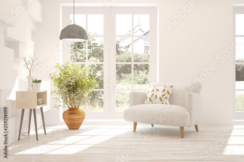 White cozy minimalist room with armchair. Scandinavian interior design. 3D illustration © AntonSh