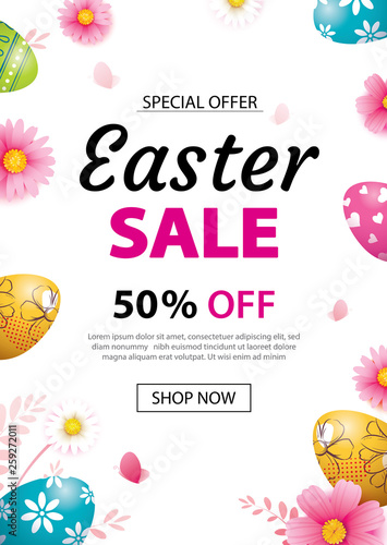 Easter sale banner design template with colorful eggs and flowers. Use for advertising, flyers, posters, brochure, voucher discount. © kaisorn