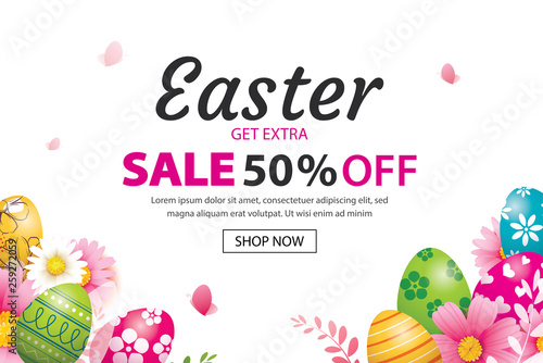Easter sale banner design template with colorful eggs and flowers. Use for advertising, flyers, posters, brochure, voucher discount. © kaisorn