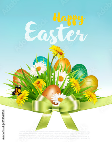 Easter Holiday Background with colofrul eggs in green grass and spring flowers. Vector. © ecco
