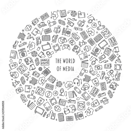 World of Media and Entertainment Concept. Line icons of analog and digital media arranged in a circle isolated on white background © eyewave