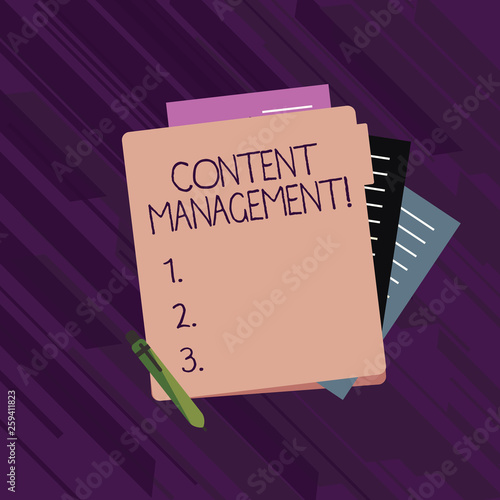 Text sign showing Content Management. Business photo showcasing processes supports collection and publishing information Colorful Lined Paper Stationery Partly into View from Pastel Blank Folder © Artur