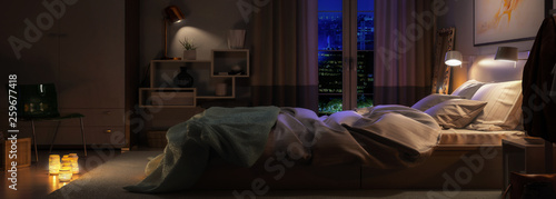 Modern Bedroom Arrangement by Night (panoramic) - 3d visualization © 4th Life Photography