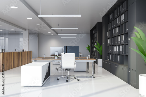 White modern office with bookcases © denisismagilov