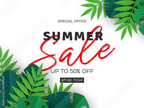Summer Banner With Exotic Jungle Tropical Palm Leaves On White Summer Banner With Exotic Jungle Tropical Palm Leaves On White Background Template For Seasonal