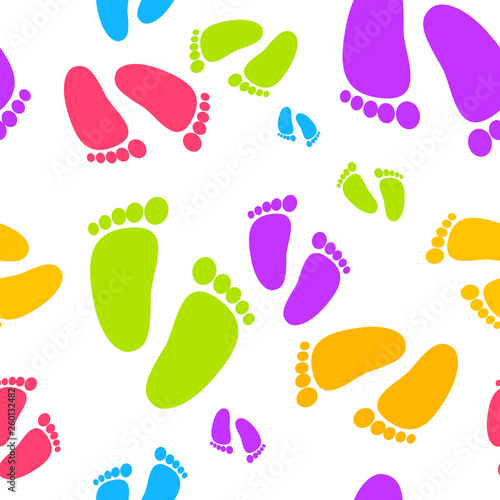 Baby's colorful foot prints on the white background. Seamless Pattern. Vector Illustration