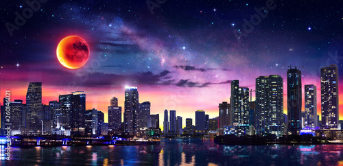 Fantasy Landscape Of Miami Downtown With Milky Way And Red Moon © Romolo Tavani